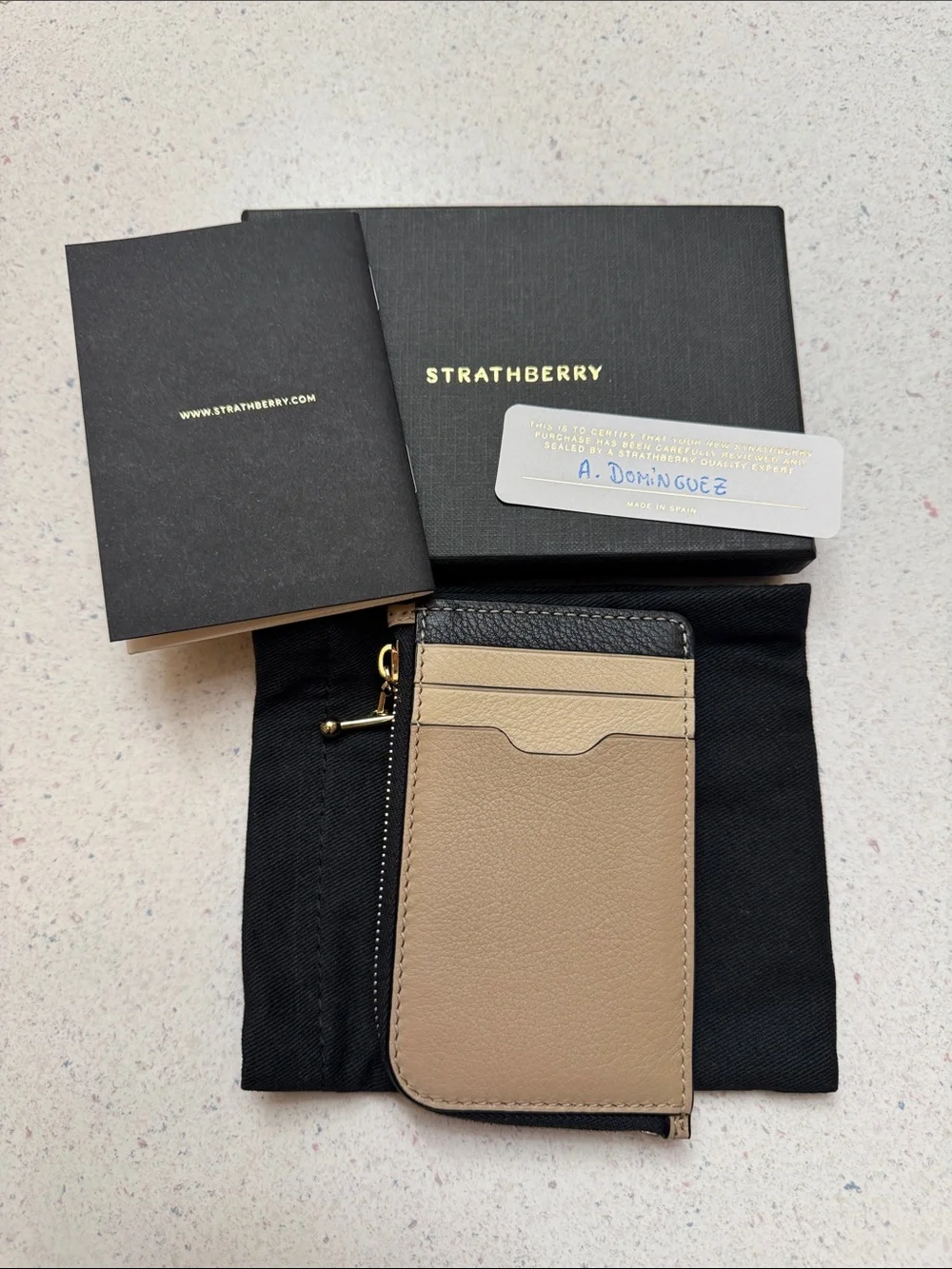 Strathberry Tri Oat/Black/Mushroom Leather Card Holder with Zipper